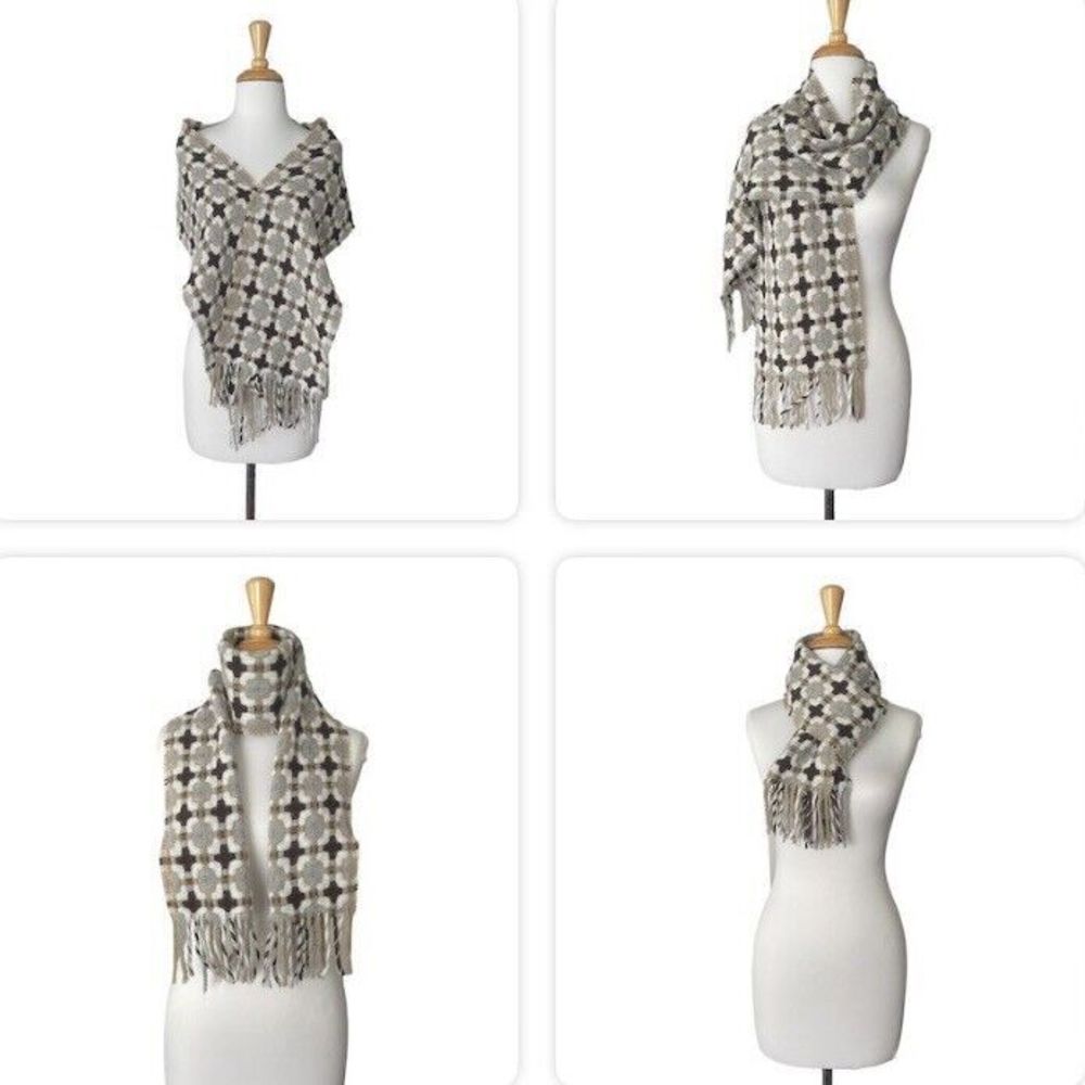 Women's Scarf Shawl Wrap 30% Wool Made in Italy Woven Brown Grey Fringe 68 x 10"